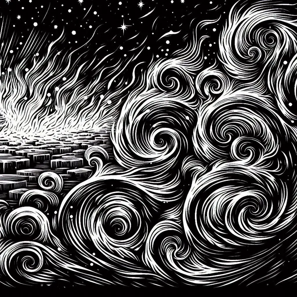 black and white woodcut of hot embers